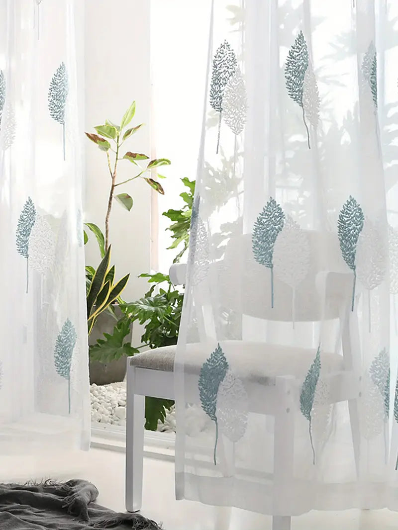 1pc simple embroidery tulle style leaf embroidery sheer curtain translucent rod pocket curtain suitable for living room bedroom home decor details 7