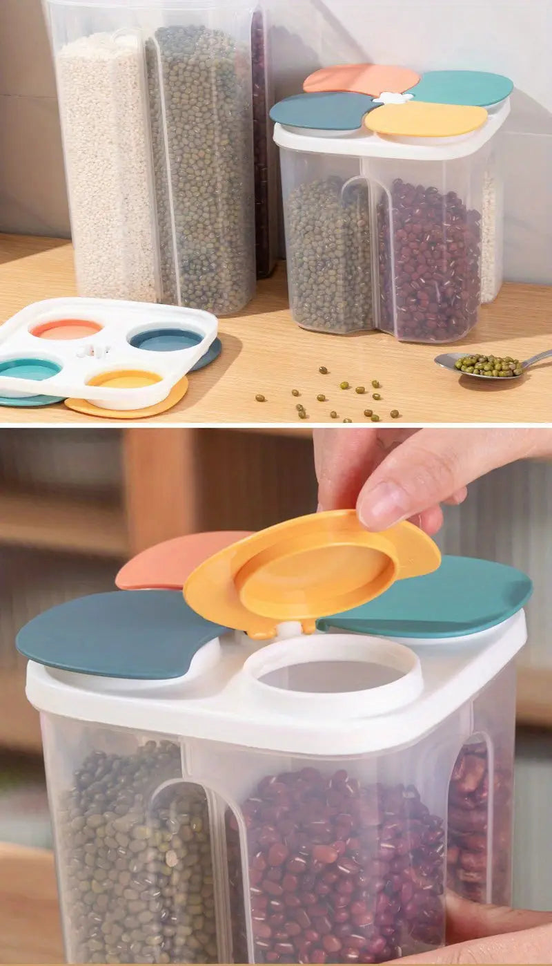 1 pieza, 4 compartimentos, recipientes de almacenamiento de alimentos con tapas, transparentes, herméticos, cuadrados, multi cuadrícula, a prueba de humedad, transparentes, para mantener cereales, arroz, pasta, harina y azúcar, frascos de alimentos, tarros, suministros para el hogar y la cocina, detalles 7