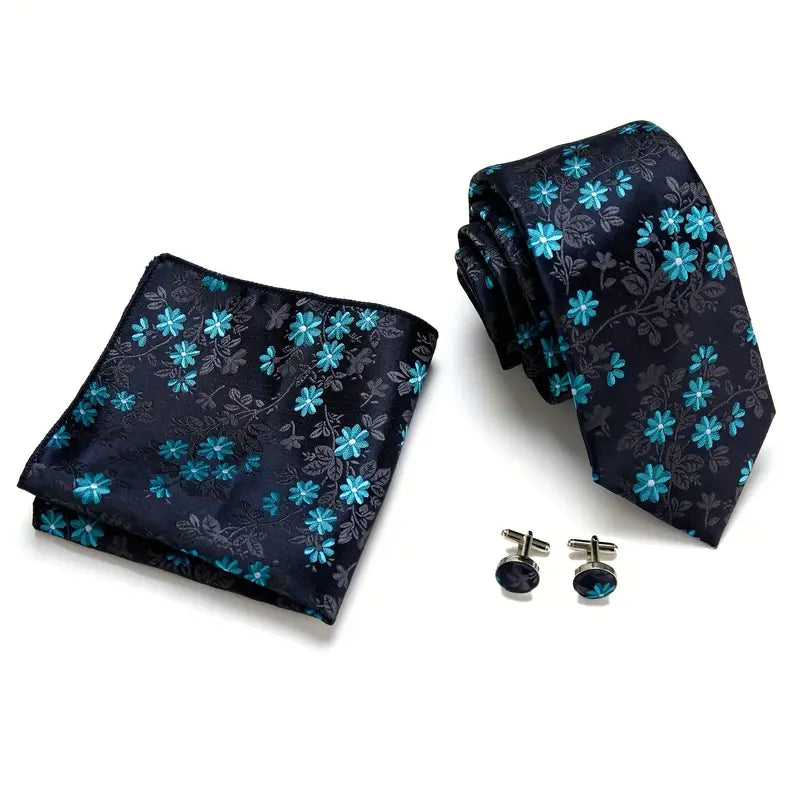 mens blue jacquard floral tie set with pocket square cufflinks weddings work and special occasions details 21