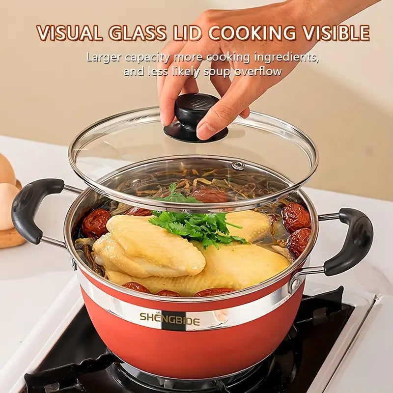 Набор из 12 предметов из нержавеющей стали: 4 кастрюли, 1 сковорода, 1 молочник, 6 крышек, утолщенное комбинированное дно кастрюли, равномерное и хорошее проведение тепла, подходит для домашнего использования, обеда, кемпинга, подходит для индукционной плиты и газовой плиты, подходит для супа, молока, стейка, горячей пасты, детали 3