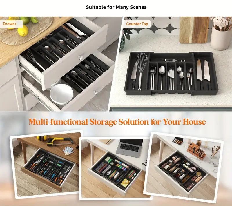 1pc silveryware drawer organizer expandable utensil tray for kitchen bpa free flatware and cutlery holder adjustable plastic storage for spoons forks knives large details 2