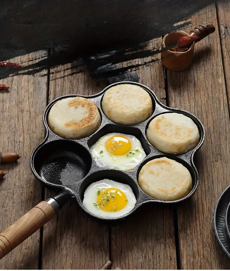 1pc cast iron 7 hole omelette pan petal shape deep design non stick no coating   mold with wooden handle   breakfast kitchen accessories details 1