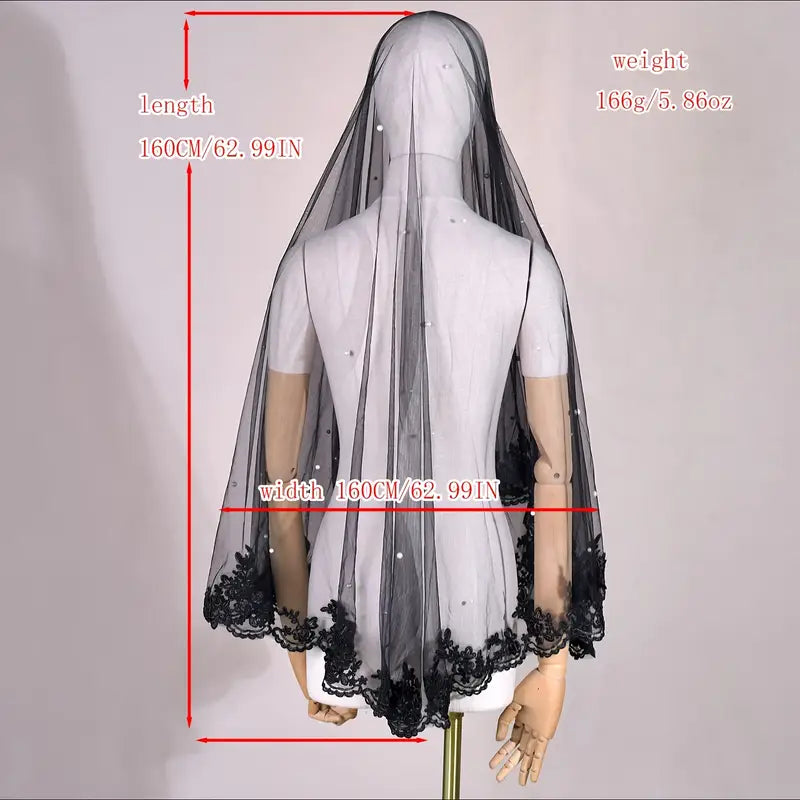 1pc baroque style black lace bridal veil with   pearls hand wash only nylon wedding accessory halloween theme no comb included details 3