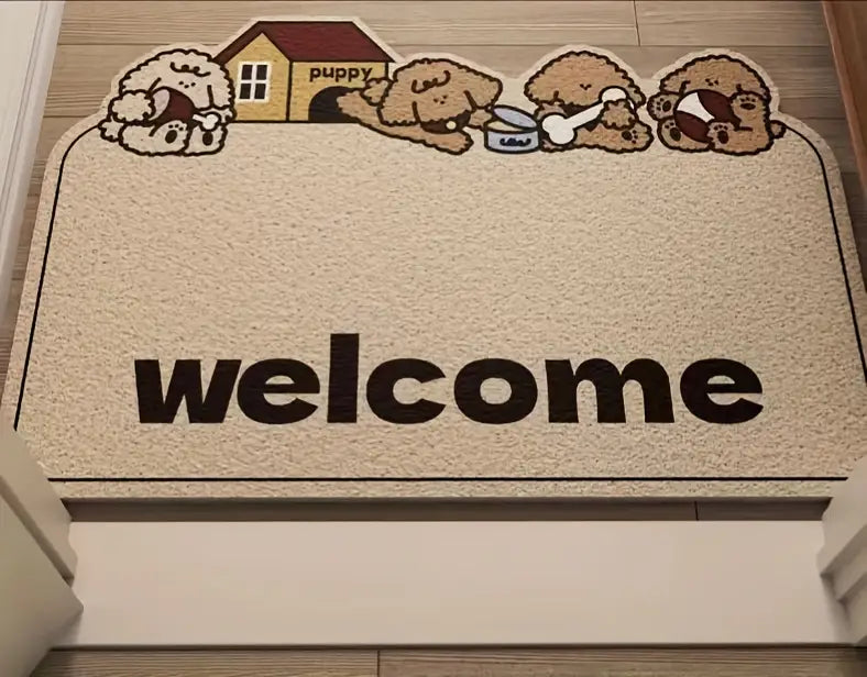 bienvenido felpudo no temático de cachorro de lujo lavable a máquina de PVC con lindas ilustraciones de perros resistente a manchas detalles de decoración para el hogar felpudo de perro 7