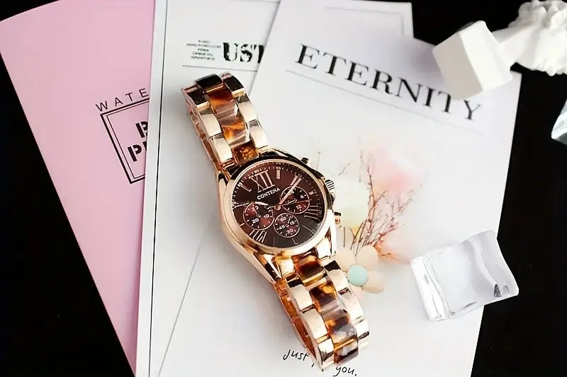 reloj femenino elegante de color rosa, a la moda, con pantalla y calendario de fases lunares, detalles en acero inoxidable 19