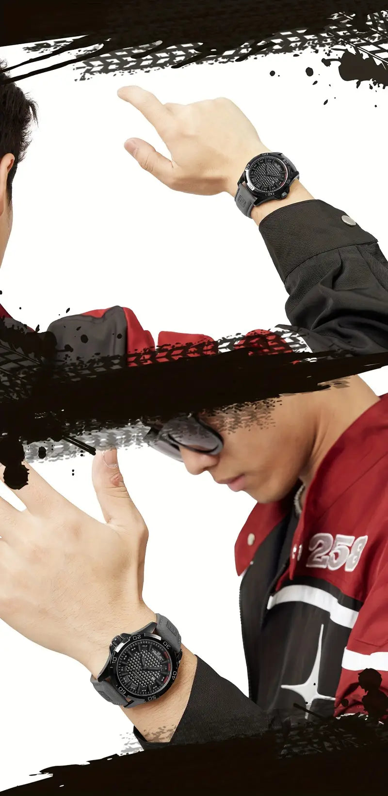 mens quartz watch nf8023 round alloy case genuine leather strap carbon fiber dial 3atm water resistant battery powered electronic movement details 2