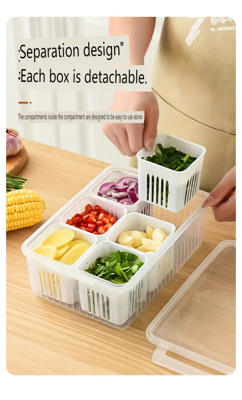 6 dyuymli saqlash qutisi piyoz, zanjabil va sarimsoq uchun, muzlatgichda yangi saqlash qutisi va suyuqlik chiqarish qutisi tafsilotlari 1