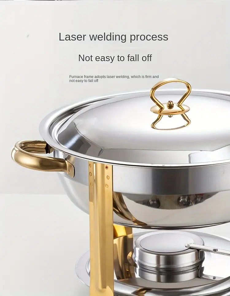 set de bandeja de buffet de acero inoxidable, conjunto de 4,5l, bandeja redonda para catering, calentador de chafing dish con bandeja, tapa, soporte, para cocina, fiesta, banquete, comedor, accesorios de cocina, suministros para negocios, detalles 8