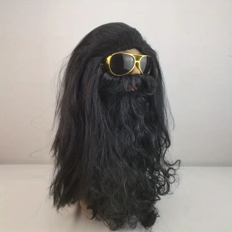 3pcs/set Men's Wig And Beard Long Black Role-playing Halloween Wild Caveman Costume Wig (wig+beard+glasses) details 1