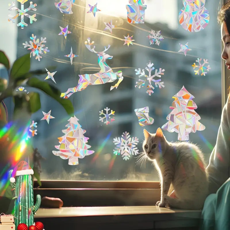 1 set rainbow prism suncatcher window clings reusable static pvc glass stickers 5mil thick glossy finish christmas festive bird snowflake decals for holiday decor details 0