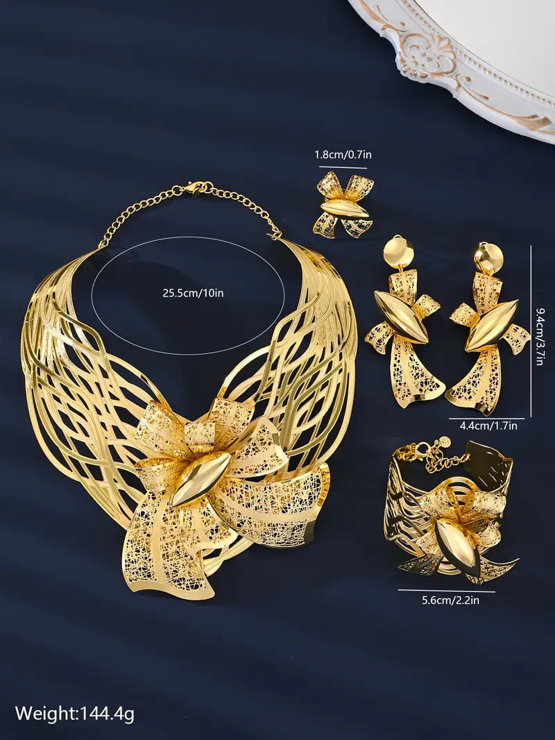 4pcs set high quality brass material 18k gold plated exaggerated big flower necklace and earrings bracelet and ring for womens ball party banquet wedding details 1