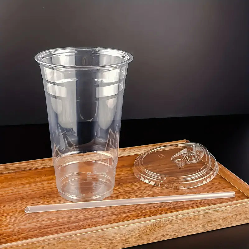 25 50 sets 24oz disposable clear plastic cups with lids and straws pet material ideal for iced coffee cold drinks summer outdoor drinkware details 5