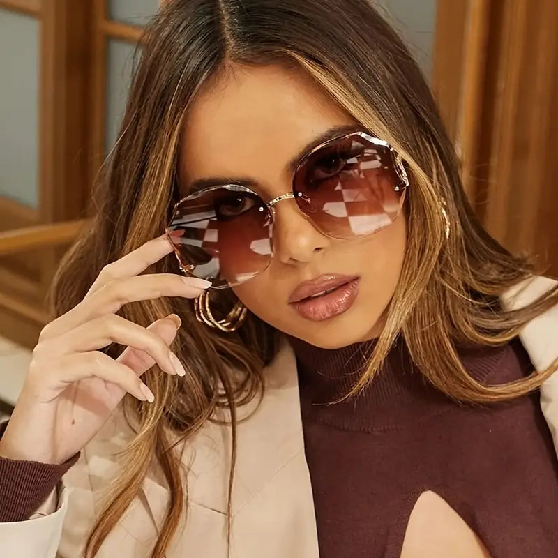 1pc rimless round for women men gradient lens glasses thin metal temple cut glasses details 0