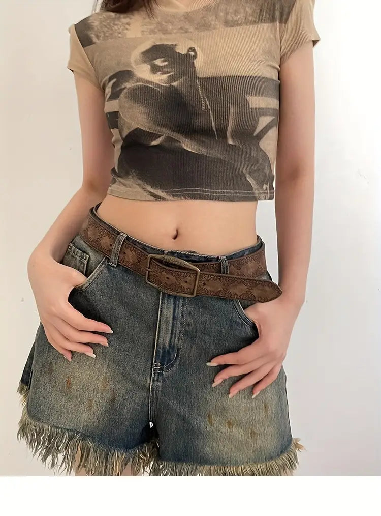 vintage western embossed brown pu leather belt for women casual festival party and details 0