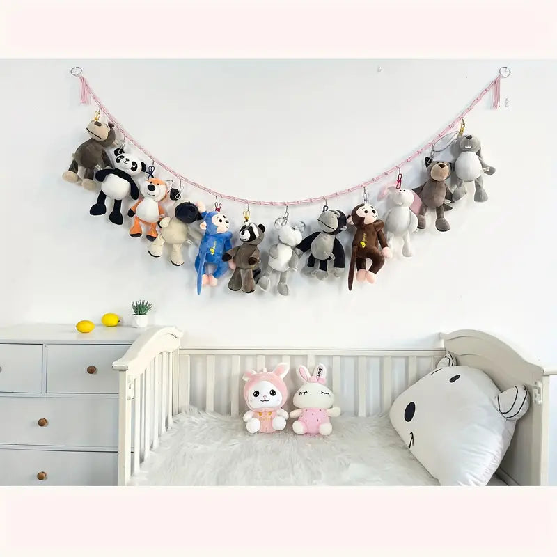 stuffed animal doll storage hammock bohemian woven doll organizer storage net hanging storage room decor details 3