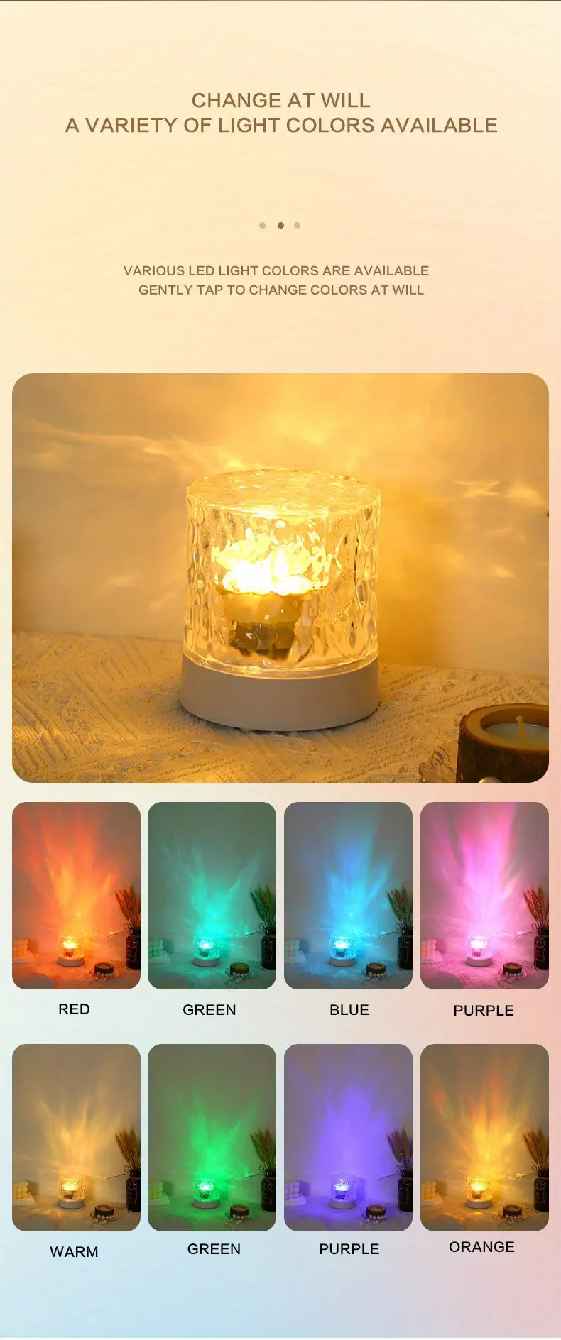 luz nocturna LED recargable por USB con agua, lámpara de ambiente ajustable de 7 colores para dormitorio y sala de juegos detalles 9