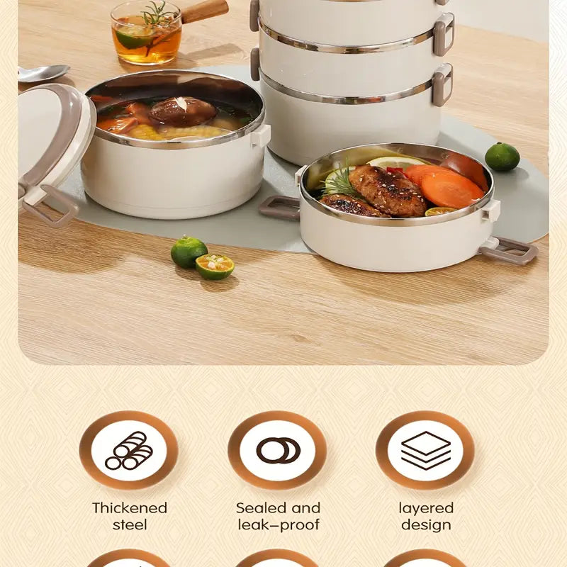 caja de almuerzo aislada de acero inoxidable con asa en la tapa, contenedor de almacenamiento de alimentos a prueba de fugas de varias capas para campamentos, pícnics, detalles 1