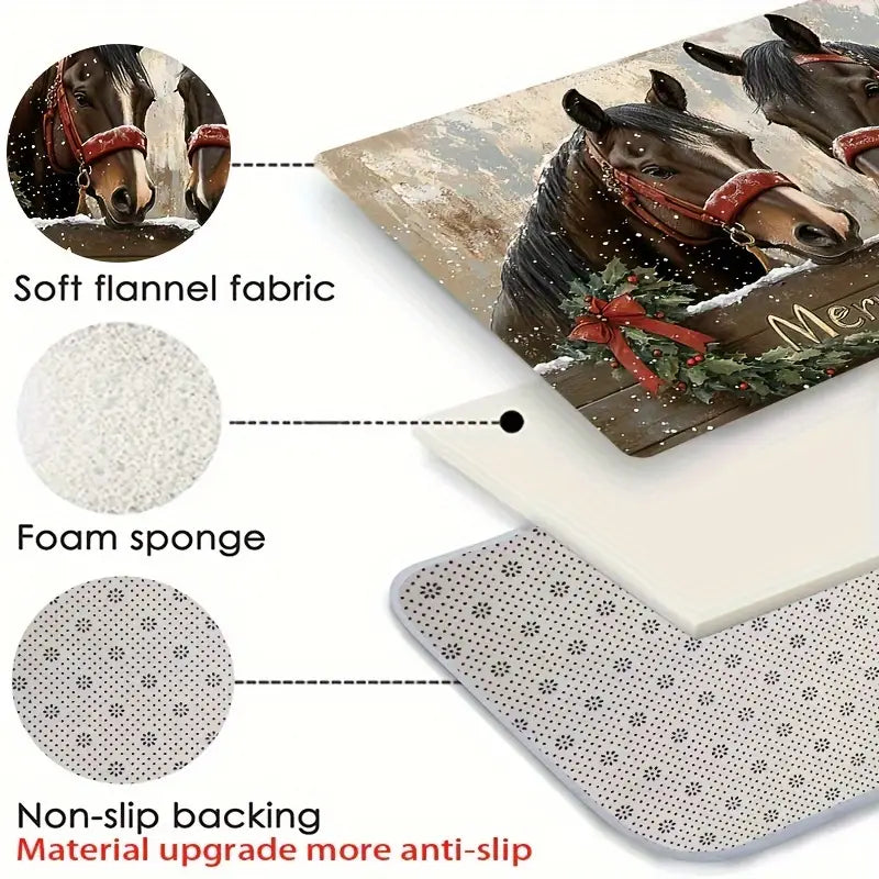 christmas horse doormat non slip washable water resistant lightweight flat woven polyester low pile machine festive holiday decor for kitchen or living room details 7