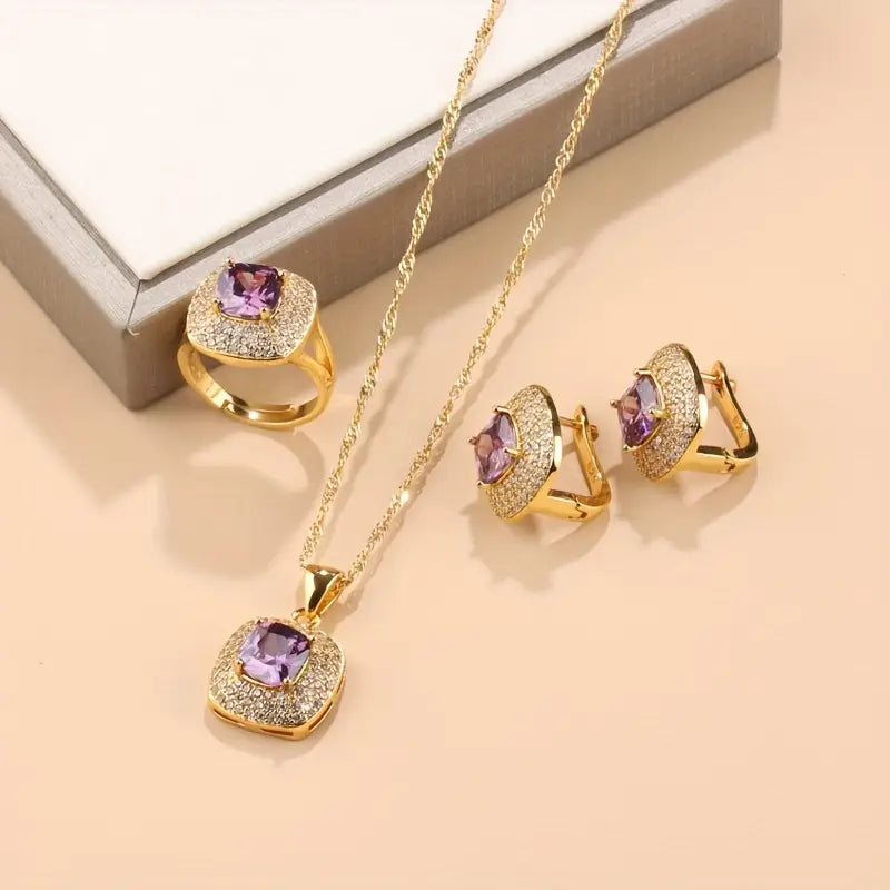 elegant brazilian arabian best selling 4 piece jewelry set for women simple   synthetic stone 18k golden plated copper with zirconia mosaic square earrings ring pendant necklace for weddings and   details 4