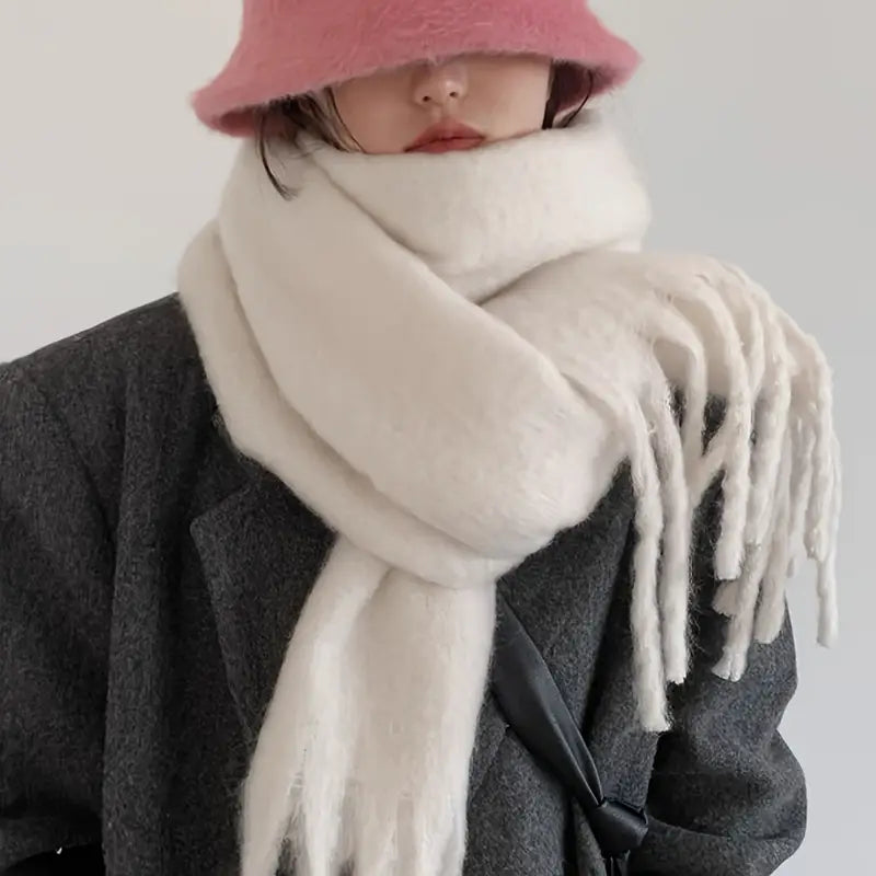 cozy plush solid color scarf with tassels thick warm windproof shawl for   for winter outdoor activities details 2