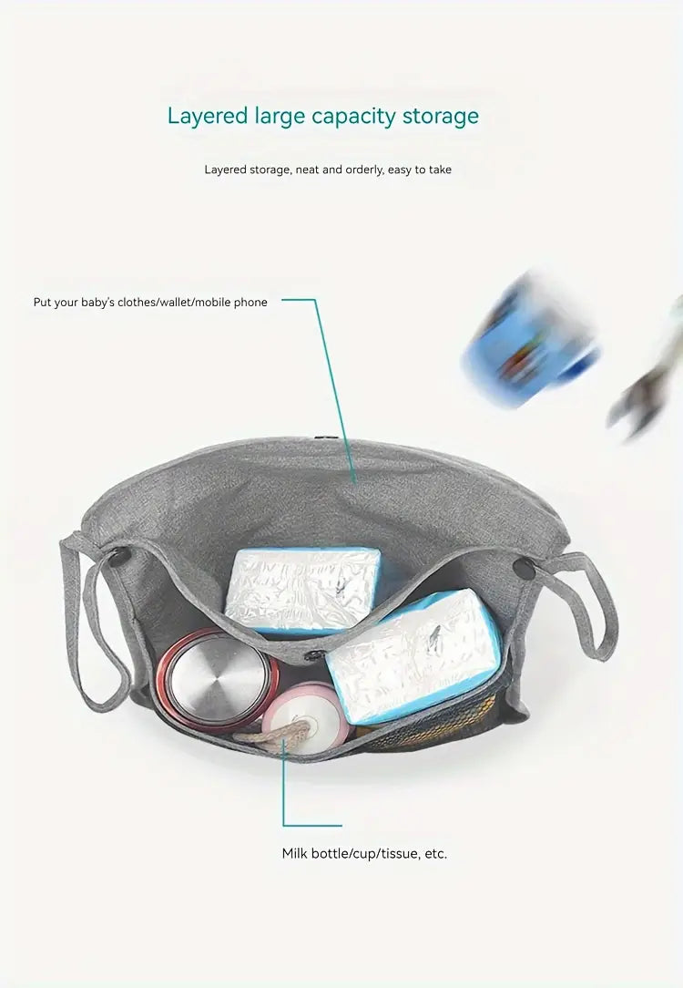 1pc bolsa colgante para cochecito, bolsa de almacenamiento, doble capa, bolsa de malla reforzada para cochecito, detalles 2