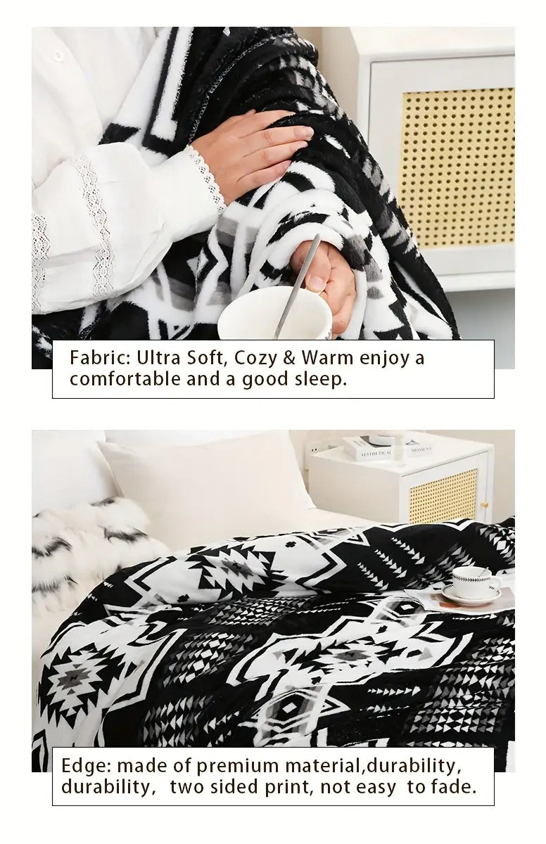 1pc 200gsm blanket ethnic style geometric print flannel blanket soft warm throw blanket nap blanket for couch sofa office bed camping travel multi purpose gift blanket for details 0