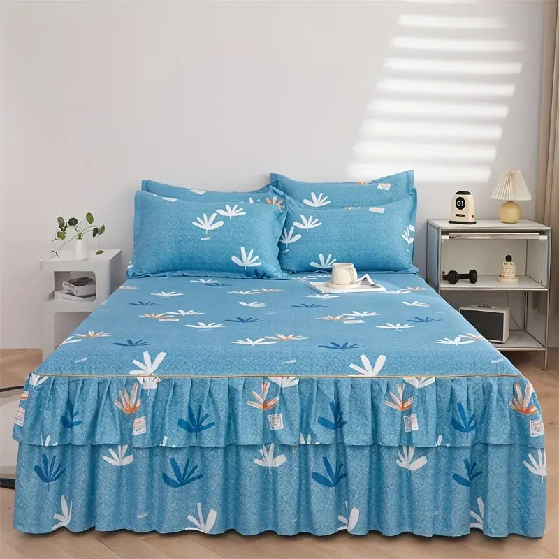 3pcs tropical floral bed skirt set   1 non slip lace bed skirt 2 decorative pillowcases   polyester bedding with   edges machine washable elegant purple for bedroom   bedding set without core details 0