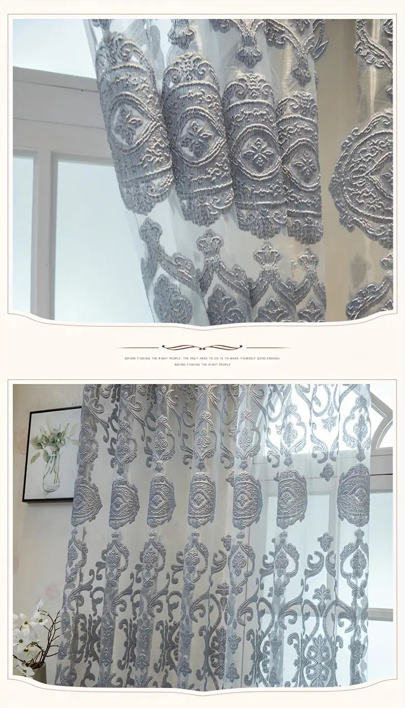 1 pieza de cortinas de encaje europeo transparentes, lujoso tul gris, con ojales, para sala de estar, dormitorio, puerta de vidrio corrediza y patio, detalles de decoración 9