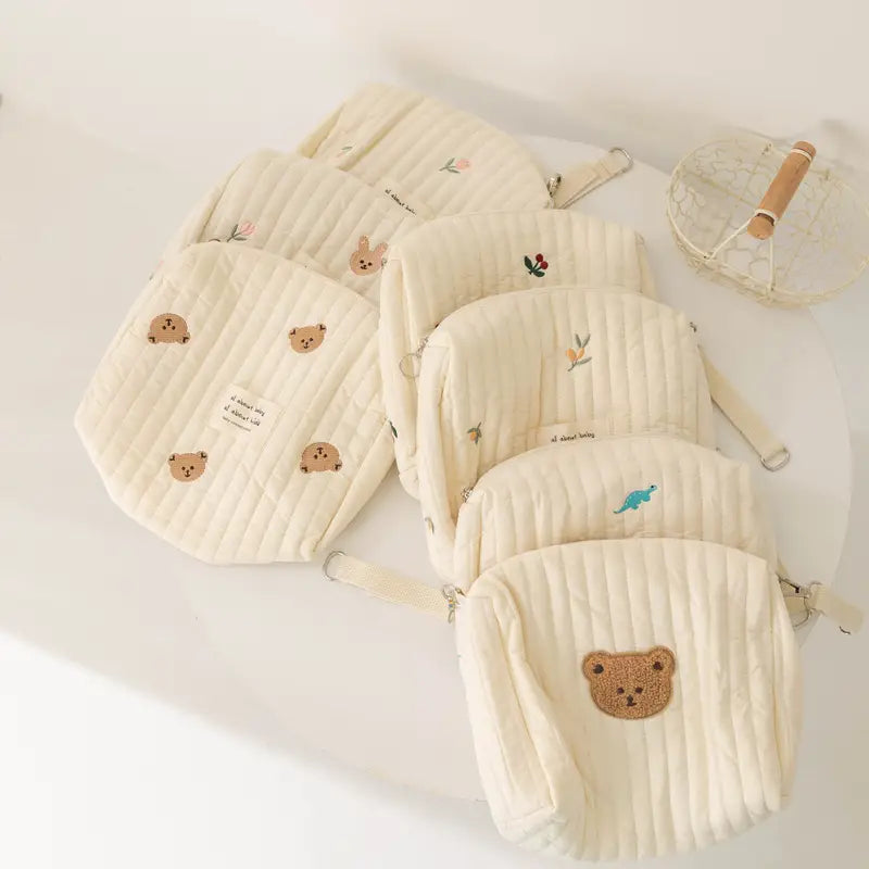 bolso colgante para cochecito y pañalero de algodón bordado con cremallera detalles 2