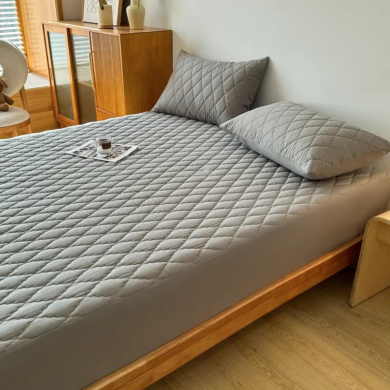 1pc waterproof cover without pillowcase quilted fitted sheet protector for single or double bed gray white details 3