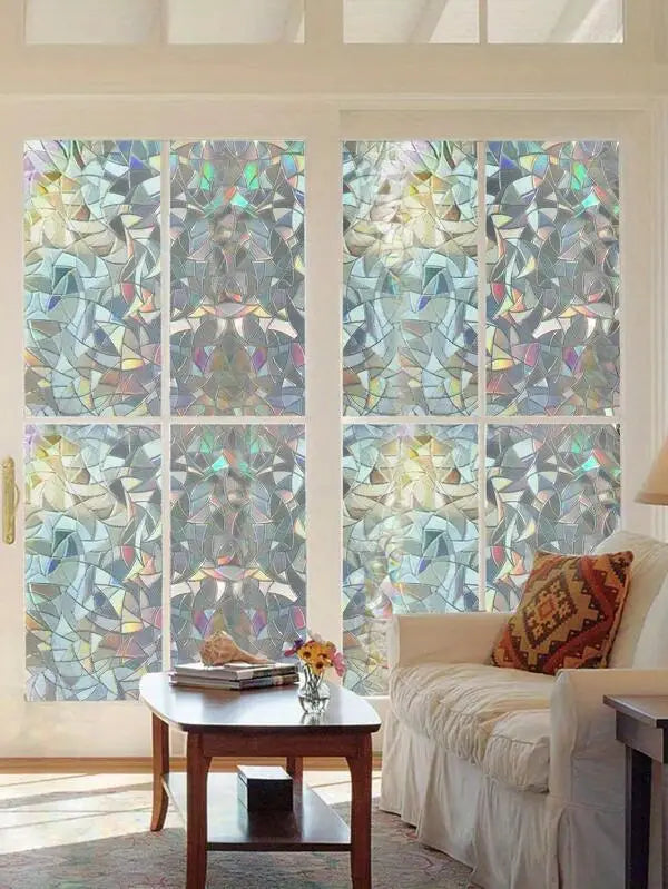 1 roll of luxurious laser designed decorative pvc film 16mil thick static cling privacy window sticker with iridescent geometric pattern for home bathroom decor details 3