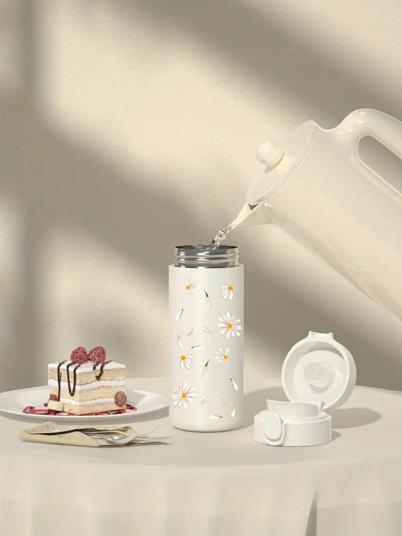 1pc daisy pattern vacuum   with bouncing lid 350ml portable thermal bottles stainless steel leakproof coffee tumbler heat and cold   insulated cup with lid for outdoor camping hiking driving thermocoolers drinkware details 2