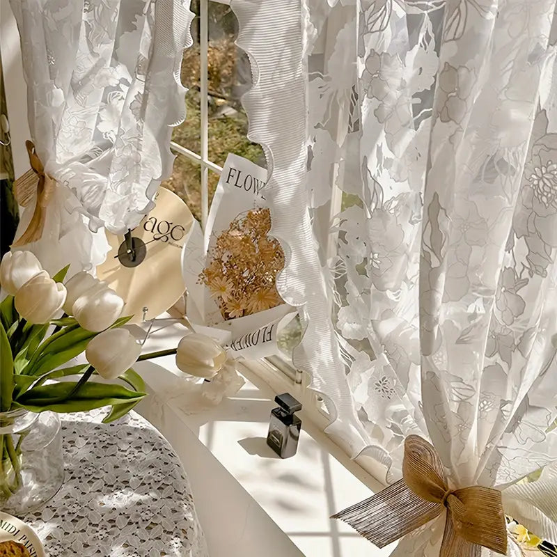 1pc flower rose sheer curtain french romantic white yarn curtain bedroom floating window room curtain macrame sheer curtain home decor details 3
