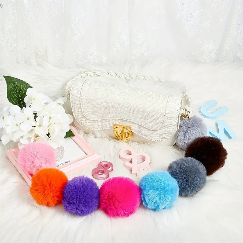 50pcs of new     plush pom poms with key chains   fluffy artificial fur pom poms keychains   accessories bag pendants for women women and girls details 0