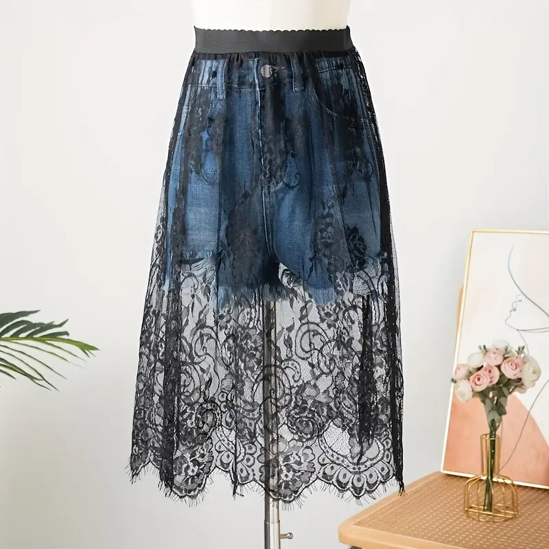 elegant black lace skirt with elastic waistband versatile stylish womens outerwear     details 2