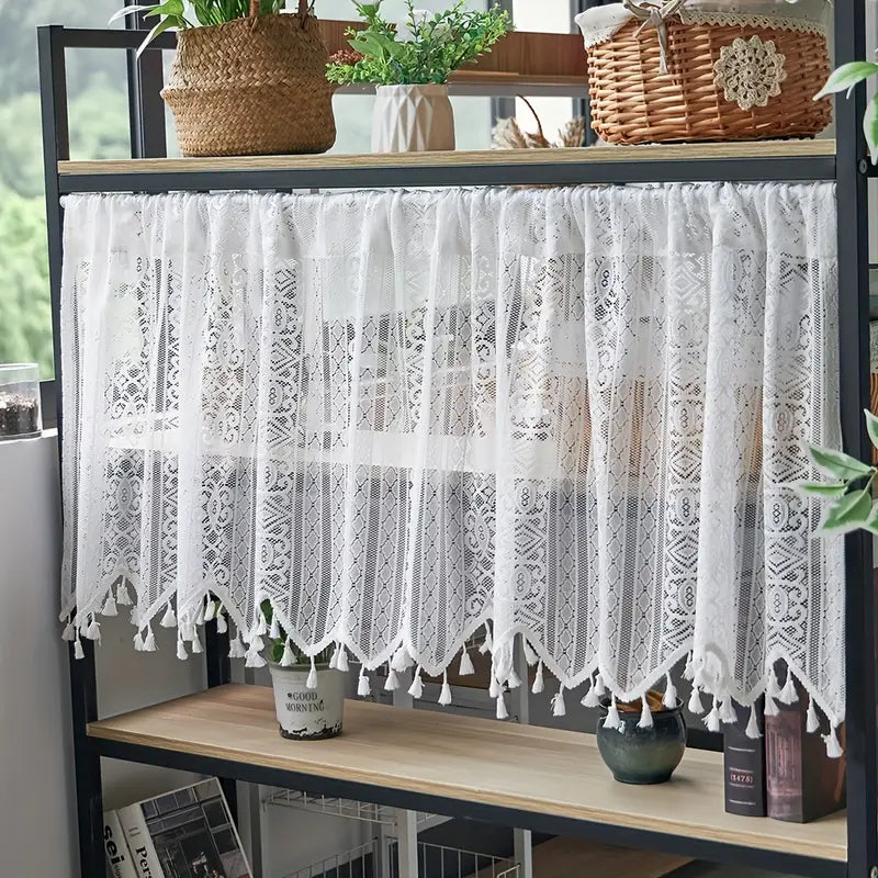 boho geometric pattern lace tassel cafe curtain tiers polyester woven semi sheer rod pocket kitchen window curtains with thermal insulated feature hand wash only uncorded details 1