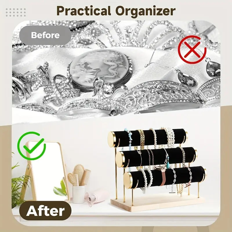 1  2 3 tier removable bracelet holder golden bracelet organizer velvet wrapped bracelet display rack with wooden base for bangle bracelet   details 9