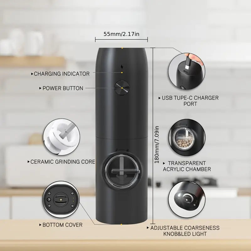 popular   rechargeable electric pepper and salt grinder set automatic pepper grinder with charging base usb cable led light adjustable coarseness one hand automatic operation black 2pcs black 1pc details 7