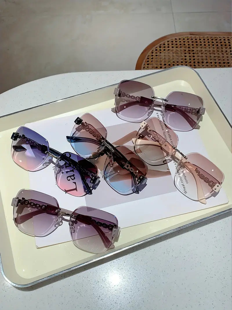 gafas de moda sin montura grandes para mujer, degradado ombré, diseño hueco, protección solar para vacaciones, playa y fiesta, detalles 11