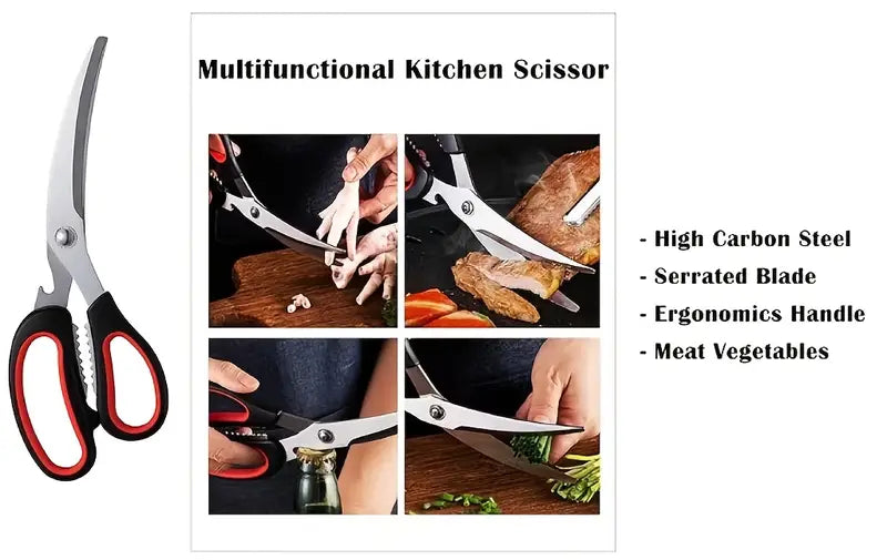   stainless steel kitchen scissors heavy duty poultry shears with serrated blade for bbq steak cooking   safe all purpose cutting details 0