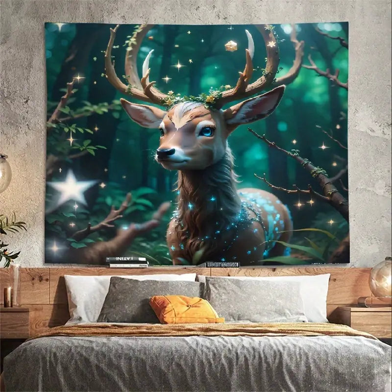 ethereal   deer tapestry with star   antlers realistic   polyester wall hanging for nursery playroom decor details 9