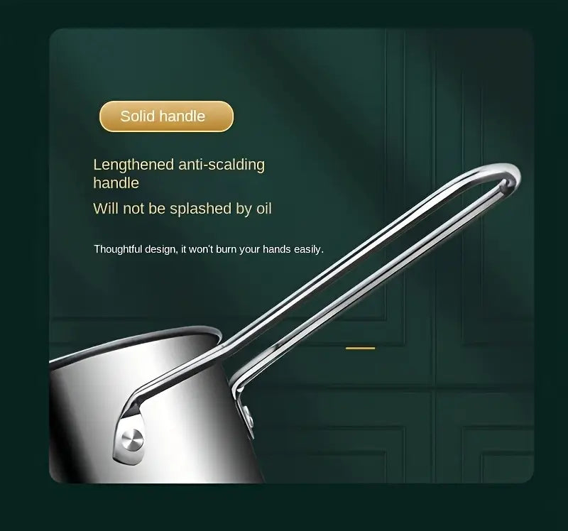 Juego de olla de freidora de acero inoxidable con tapa y cesta, mini freidora de 3 piezas para el hogar, a prueba de salpicaduras, filtro desmontable, ahorro de aceite, compatible con cocinas de gas e inducción, utensilios de cocina esenciales, detalles 6