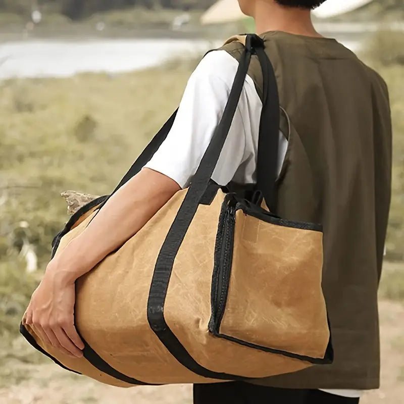 canvas firewood carrier with handle portable log tote for transport details 8
