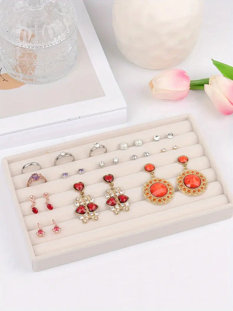 1pc beige velvet jewelry counter tray accessories earring stud ring display storage box tray dresser makeup table organizer details 0