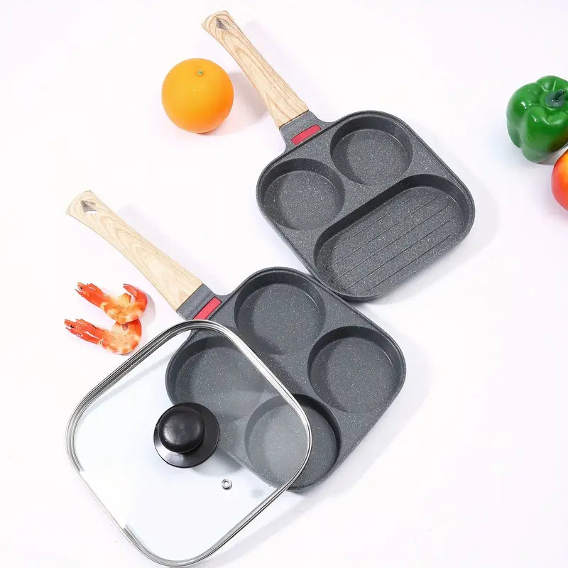 Juego de 4 tazas de aluminio antiadherente con tapa, apto para lavavajillas, con múltiples secciones, para huevos fritos, panqueques y utensilios de cocina, con mango de aluminio detalles 0