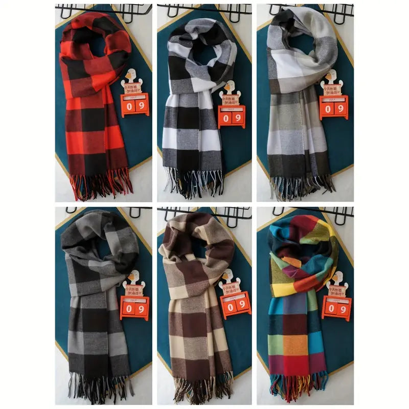 Qulay Britaniya uslubidagi plaid sharf - Imitatsiya cashmere, qalin va issiq, kuz/qish uchun, mukammal juftlik sovgʻasi, rang-barang, Koreya versiyasi tafsilotlari 0