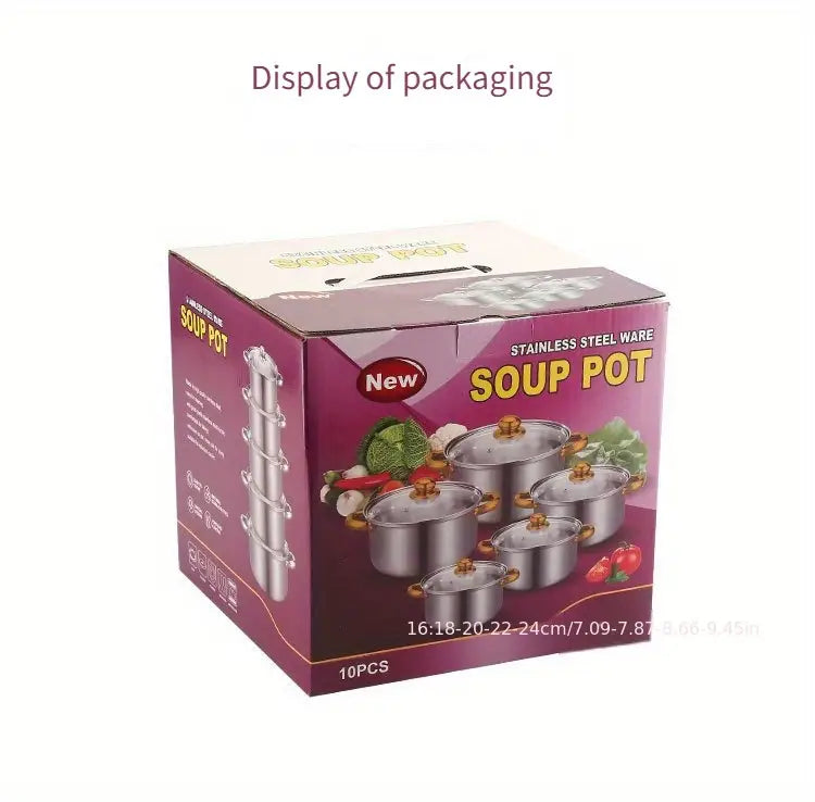 10 dona rostlangan po'lat idishlar to'plami qopqoqlari bilan, sho'rva, sut, sous qozonlari 6, 3, 7, 1, 8 o'lchamlarda, uy oshxonalari uchun tafsilotlar 6