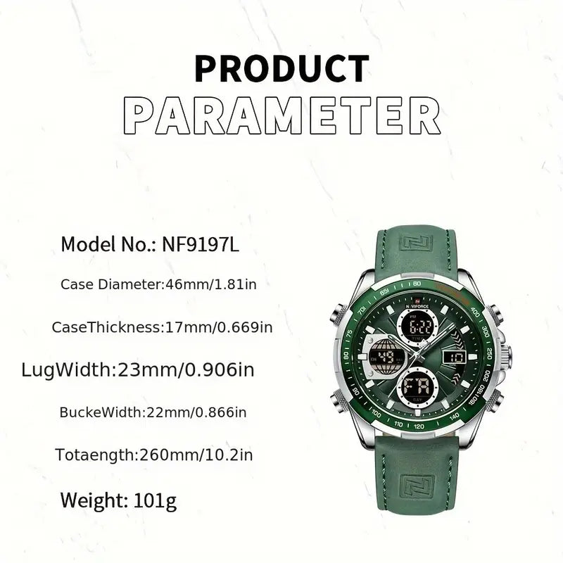 multifunctional mens watch with night light leather strap details 1