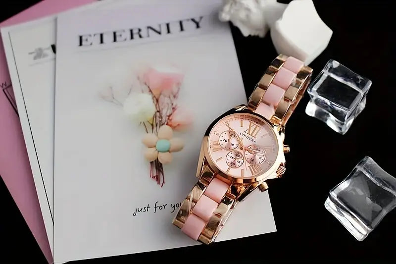 reloj femenino elegante de color rosa, de moda, con pantalla y calendario de fases lunares, detalles en acero inoxidable, 14