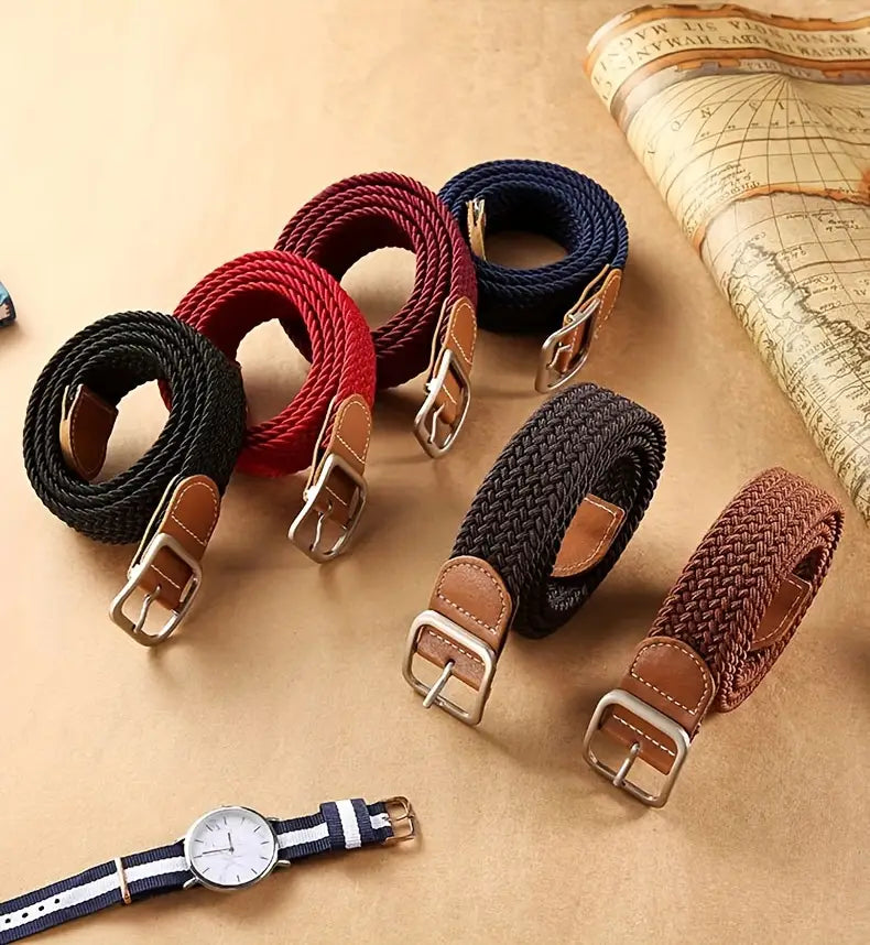unisex elastic braided belts for women men classic square   waistband casual jeans pants belt details 6